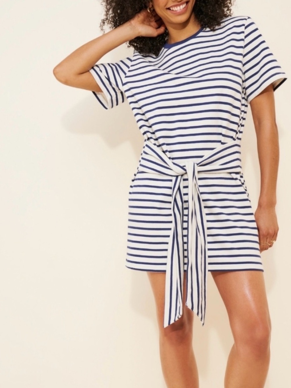 Anthropologie Daily Practice Tie Waist Mini T-Shirt Dress Navy White Size Medium